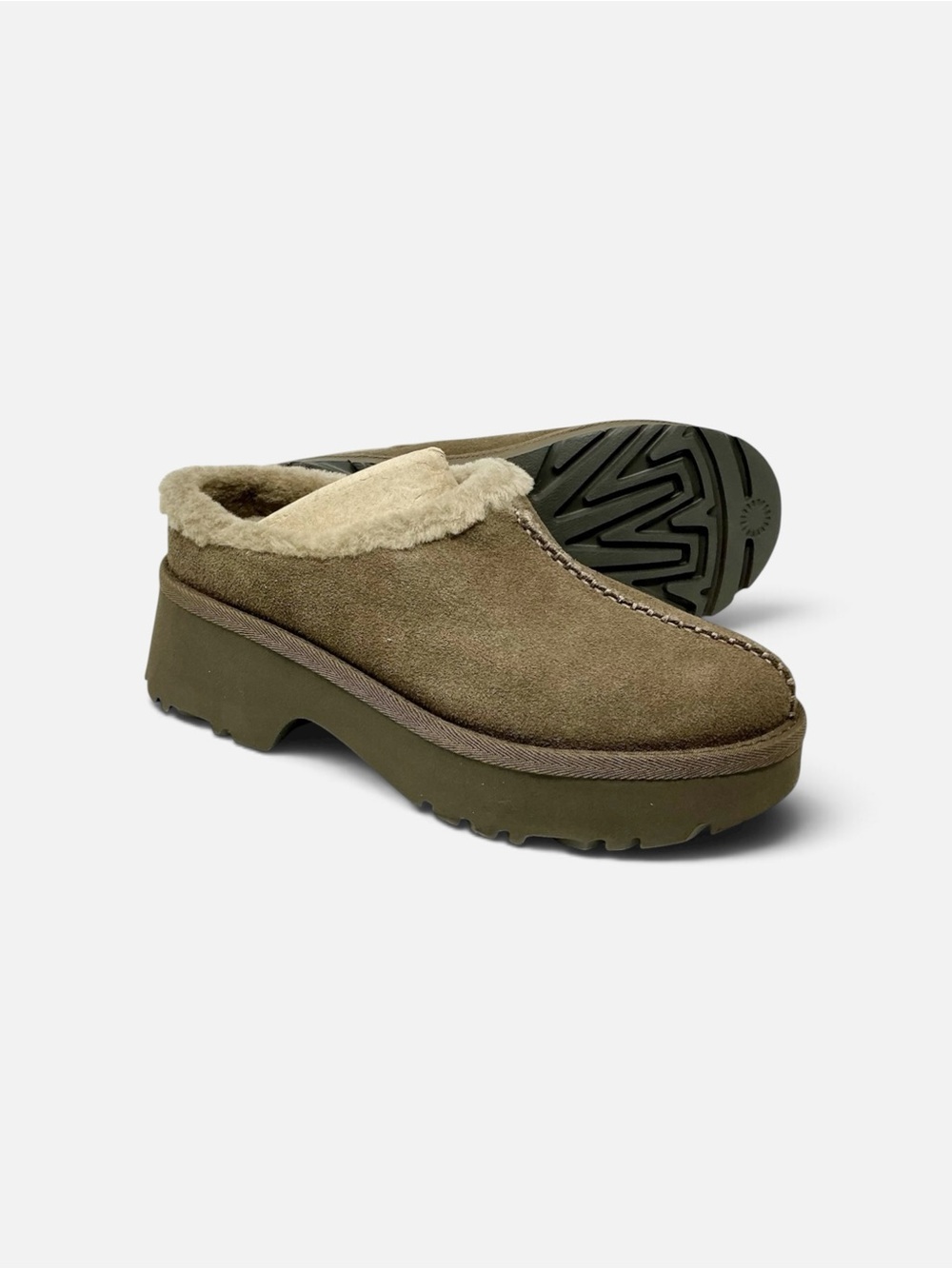 🆕UGG New Heights Cozy Clog Platform Heel Hickory Suede Fleece Size 8 NIB